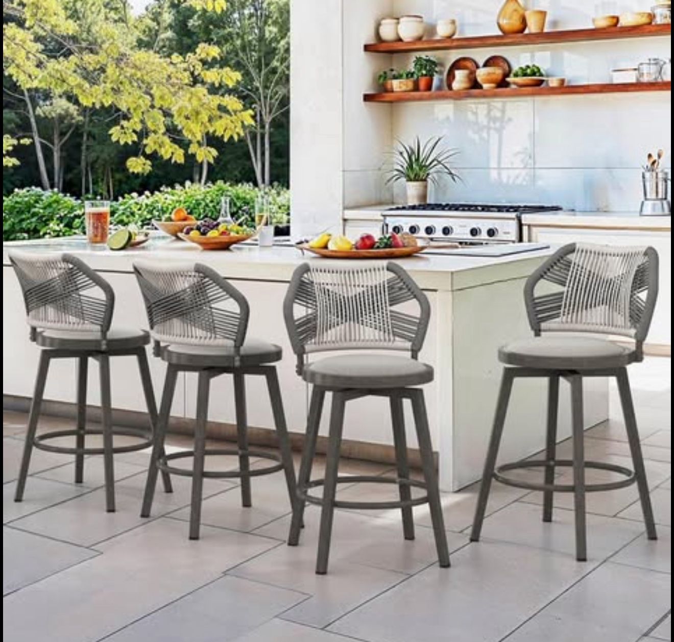 Outdoor Bar Stools Set of 4, 360° Swivel Aluminum Rattan Barstools, Olefin Rope Counter Height Bar S