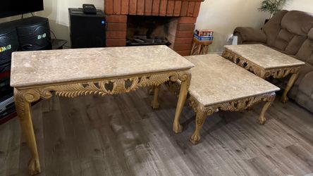 Stunning Marble & Gilded Carved Wood Square Claw-Foot Tables