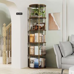 5 Tier Rotating Bookshelf, 360° Corner Bookshelf Tower, Round Revolving Bookcase with Special Visible Partition Storage, Narrow Book Shelf Organizer f