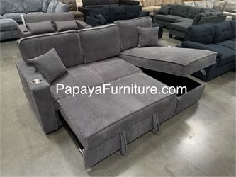 New! 89”L Reversible Grey corduroy Sectional Sofa Bed, Sectional Sofa Bed, Grey Sofa, Sleeper Sofa, Grey Couch, Reversible Sectional, Sectional Sofa W