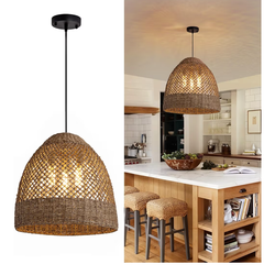 18.9" Farmhouse Rattan Pendant Light Fixture 3-Lights Costoal Chandelier Boho Hand Woven Wicker Hanging Light Fixture for Kitchen Island Living Room B