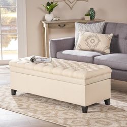 i207-50 Inch Upholstered Storage Bench Button Tufted Storage Ottoman Bench Foot Rest with Solid Wood Legs and Safety Hinge Entryway Window Bedroom Ben