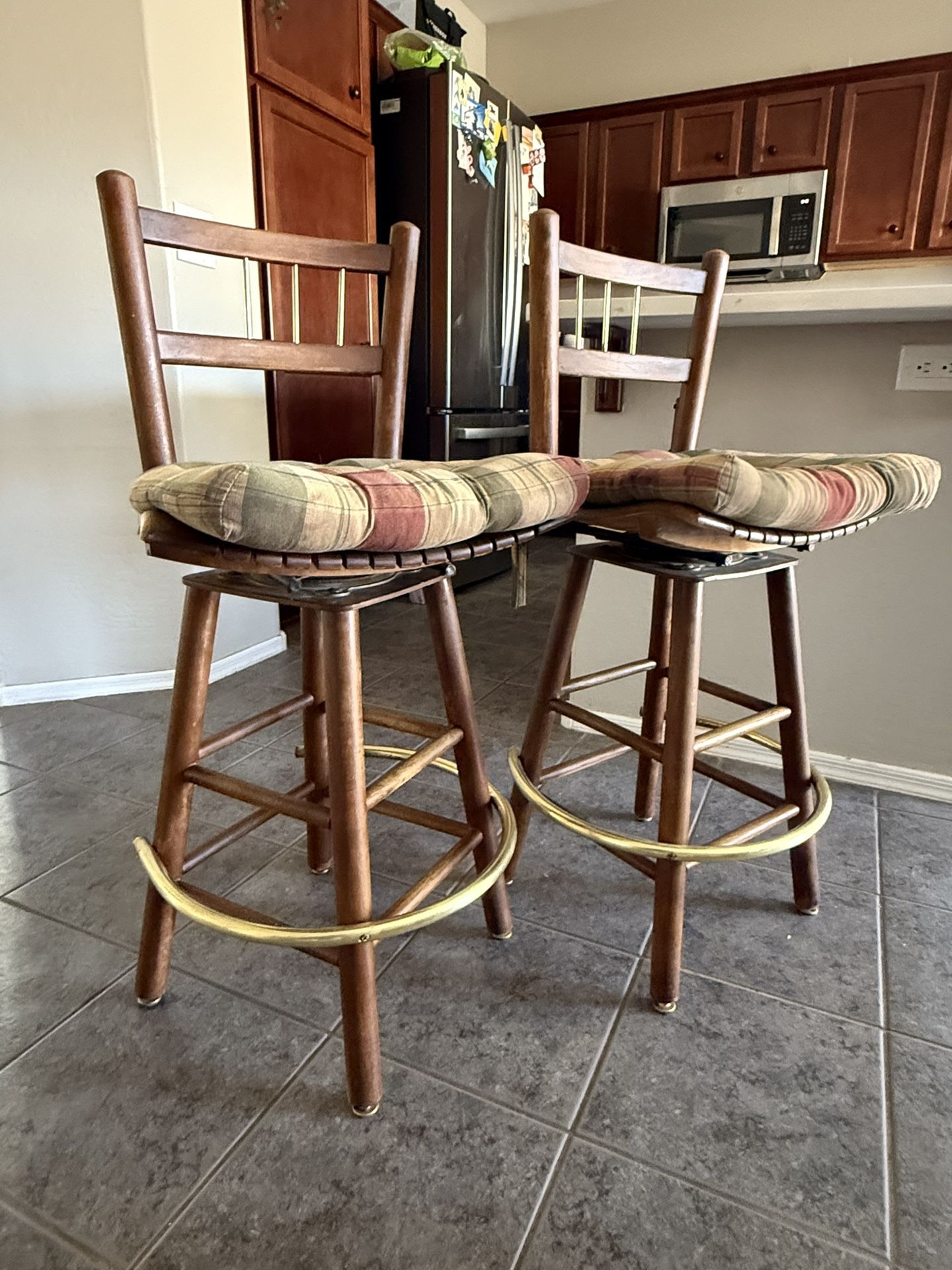Vintage Solid Wood Swivel Barstools with Brass Footrest – Pair