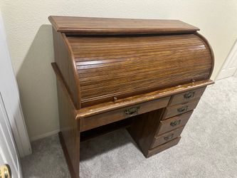 Vintage Wooden Roll-Top Desk with Drawers