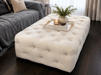Restoration Hardware Oversized Tufted Linen Ottoman – Ivory (72”)