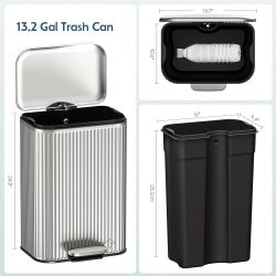 C222 $45  Kitchen Trash can, Stainless Steel Garbage Can, 13 Gal Garbage Bin Step Trash Can with Soft Close Lid, Removable Inner Bucket, Rear Handle, 