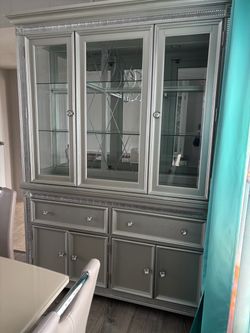 Gray China Cabinet with Glass Doors