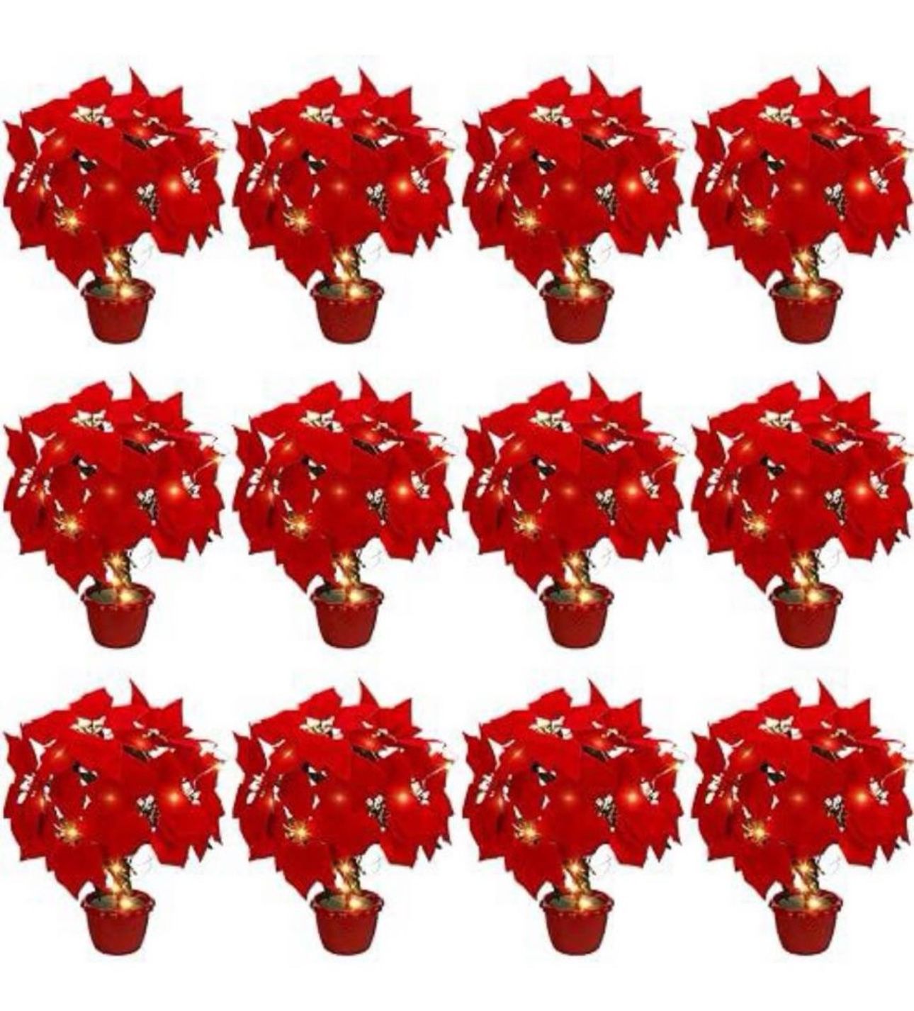 Hotop 12 Sets Lighted Poinsettia Faux Flowers Poinsettia Artificial Christmas Flowers Poinsettias Plants in Pot for Outside Indoor Floral Decoration X