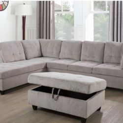 New Gray Chenille/Corduroy Sectional Sofa With Ottoman. New In Original Boxes