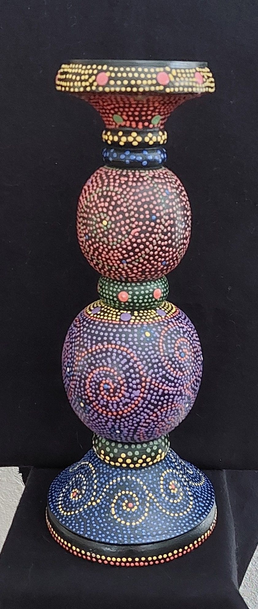 Hand Painted Stippled Wood Pillar Candle Holder