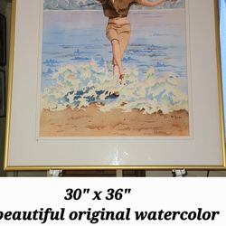 Beautiful original watercolor Playing on the beach