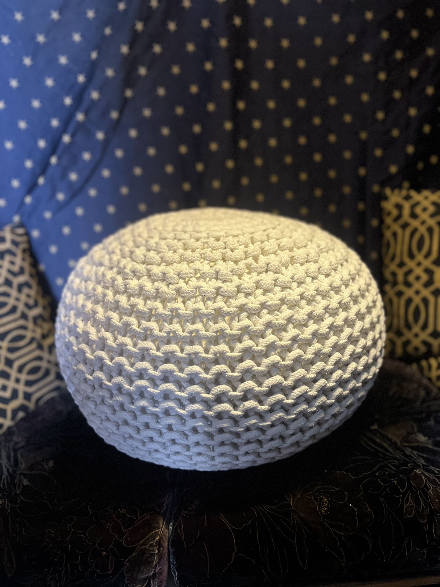 Round Pouf Ottoman Hand Knitted 100% Cotton Pouf Foot Stool - Knitted Bean Bag - Floor Chair for Living Room Bedroom - Foot Rest