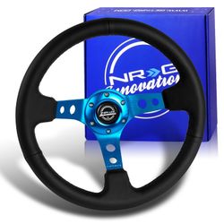 NRG 350MM Deep Black Leather Blue Spoke 13.5" Racing Steering Wheel -(3-SW-RST-006-BL