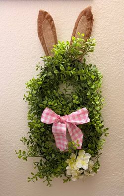 Easter Bunny-26” Shaped Wreath with Green Leaves & Bow, Festive Rabbit Ear, Front Door Window Hanging Decor for Easter Spring Home