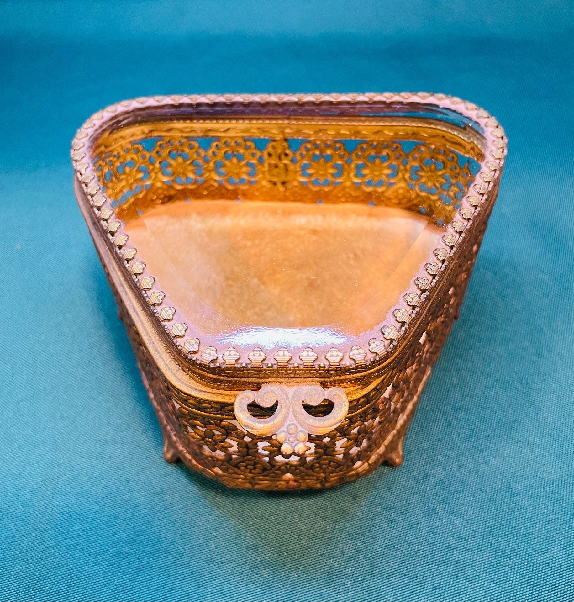 Antique French Ormolu and beveled glass trapezoid shaped jewelry box/coffin