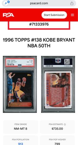 1996 Topps Kobe Bryant Rookie #138 NBA at 50 Foil Parallel RC PSA 8 NM-MT with Cert #