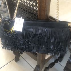 Millie Black Leather Fringed Bag With Chain Can Be Used As A Clutch 