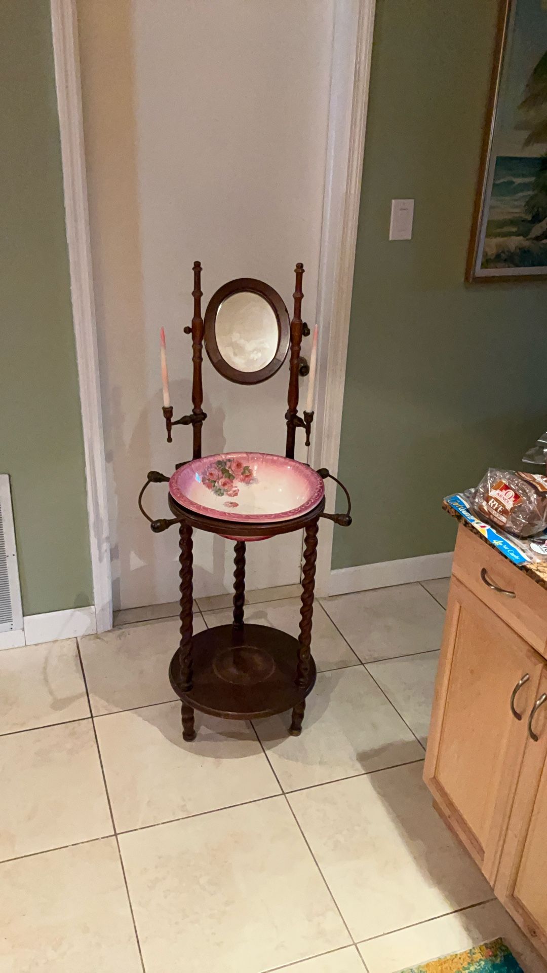 Vintage Victorian Style Wash. Stand With Mirror Towel And Candleholders