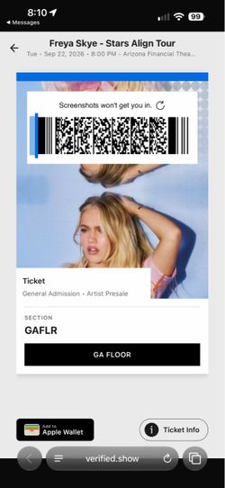 2 tickets Freya Skye concert Tuesday 9/22/2026