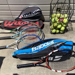 Wilson Babolat Tennis Racket, Bag, Hopper, Balls, Lot
