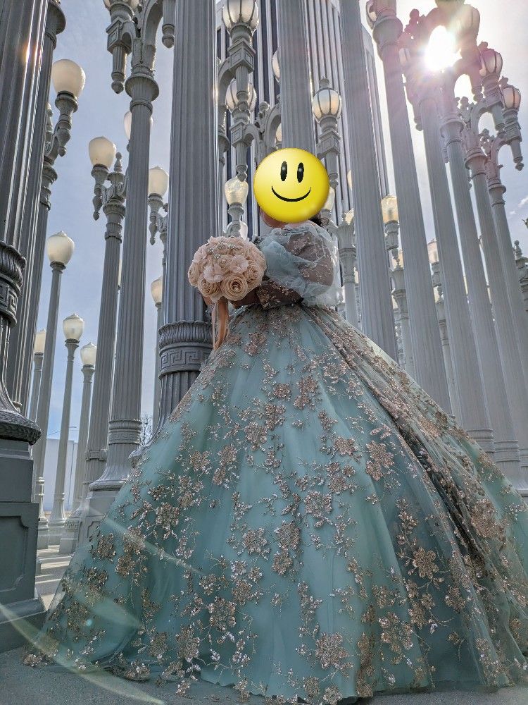 Quinceañera Sage And Gold Dress