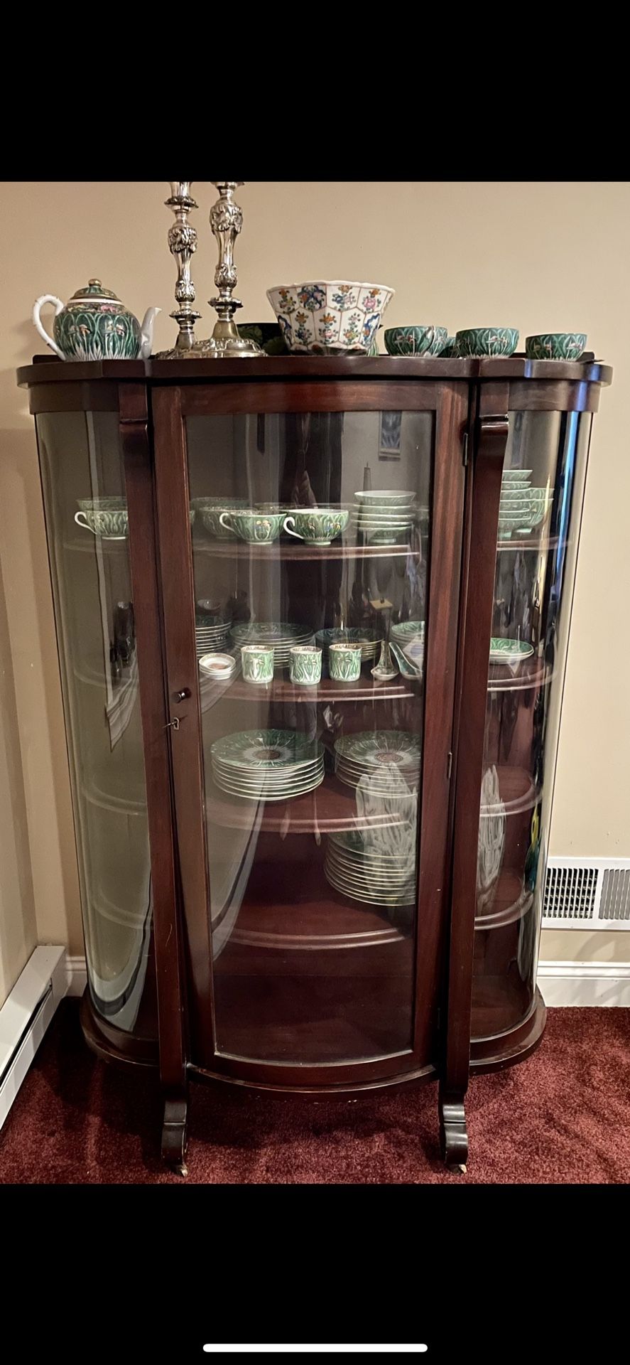 Antique American Empire Mahogany Bow Front Curio China Display Cabinet With Key