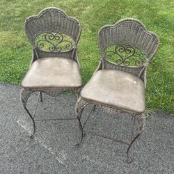 Vintage Metal And Wicker Barstools Chairs Set Of 2