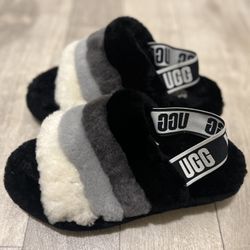 UGG Fluff Yeah Slide On Sandals Slippers Sz 6 Black Gray Sherpa Slingback