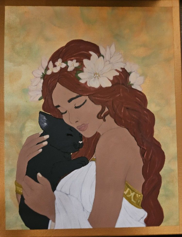 Original Painting of Woman & Black Cat