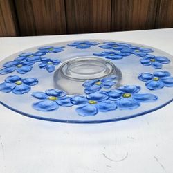 Lancaster Colony Dogwood Glass Footed Platter Blue and Yellow Flowers