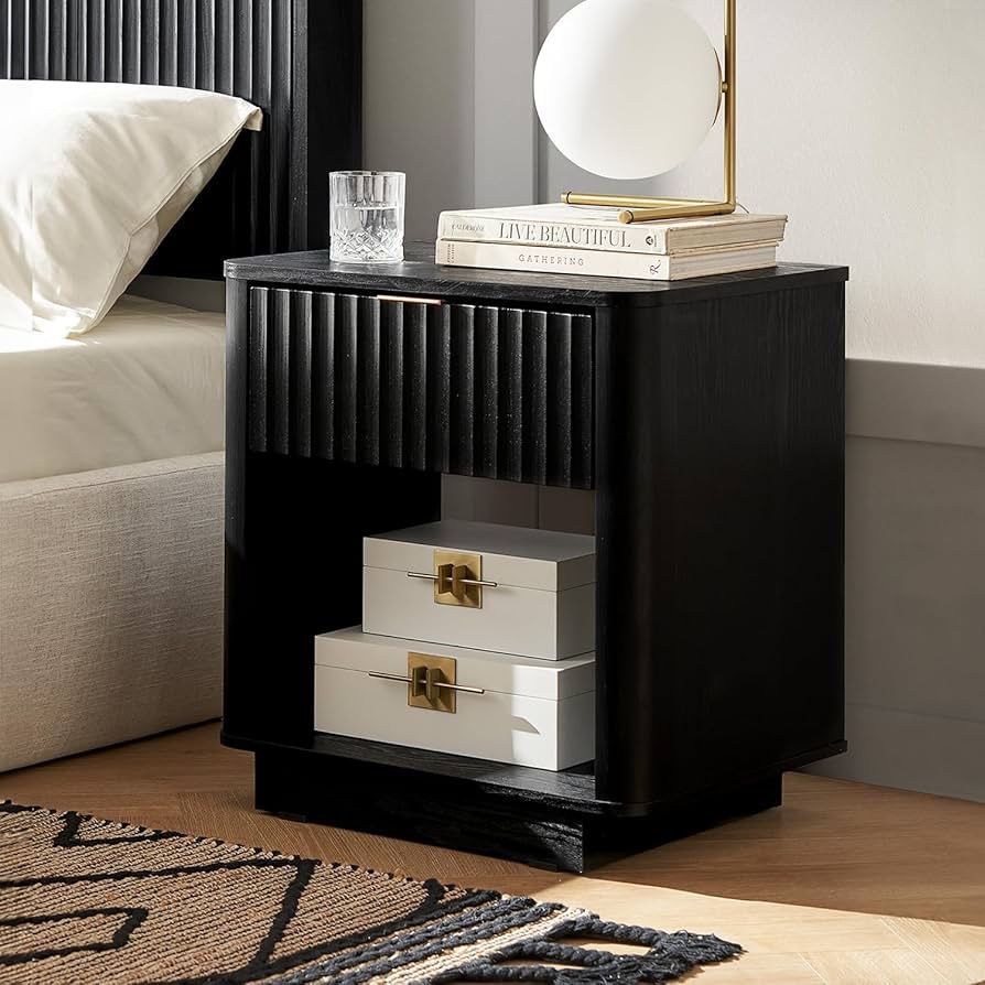mopio Brooklyn Night Stand, Modern Farmhouse Nightstand, Small Side, Bedside Table with Drawer, End Table with Storage, Fluted Panel, Curved Profile (