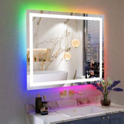 YEELAIT 40 x 32 Inch RGB LED Bathroom Mirror, Front and Backlit RGB Bathroom Vanity Mirror, Wall Mounted, Dimmable, Anti-Fog, Shatterproof Memory, Wat