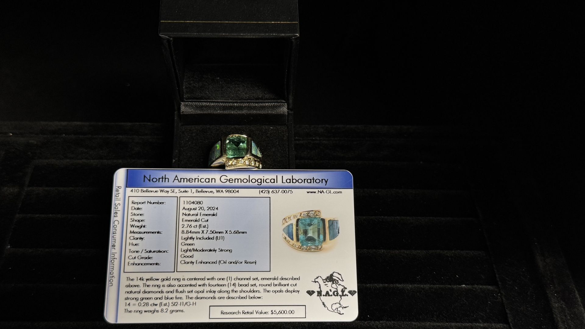 14K Gold Natural Emerald ring 2.76 carat with opal and diamonds 8.2grms size 7 w appraisal pick up in Lakewood (contact info removed)