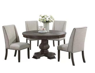 5 Piece Premium Dining Set Round Table Gray Weathered Chair Ashley Jerome Mathis RH Restoration Hardware Style Solid Wood BIG Furniture Clearance SALE