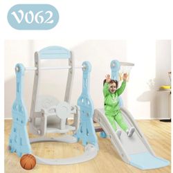 Ealing Toddler Slide Swing Set for Age 1-3  Indoor Baby Swing Toys Playset with Climber&Basketball Hoop,Blue(V062)