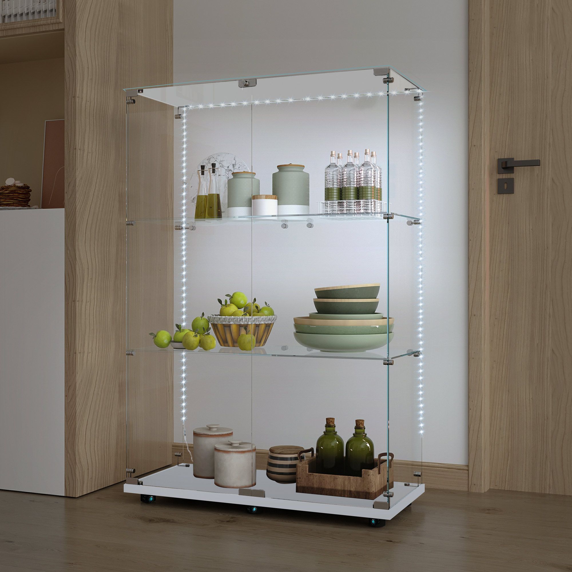 Tempered Glass Display Cabinet,Wine Cabinet, Storage Cabinet,File Cabinet, Tempered Glass Top,Bluetooth LED Light Strip,with Door Lock,suitable for Li