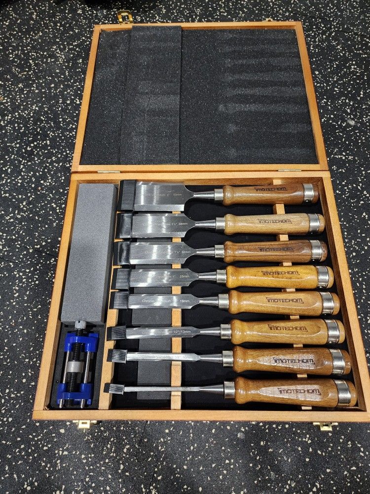 Imotechom 10-Pc WoodWorking Wood Chisel Set With Wooden Box, Honing Guide, And Sharpening Stone