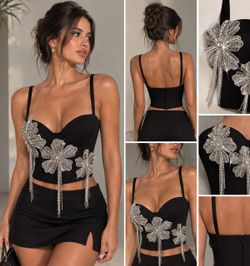 Black Crystal Flower Crop Top