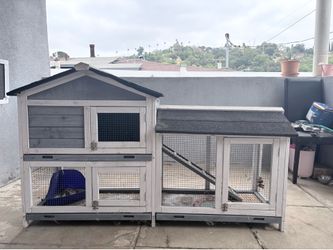 Rabbit Chicken Pet Hutch House Wooden Amall Animal Cage Bunny Hutch with Run, Elevated Retreat, Ramp, Door