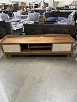 New Assembled. Tv Stand Woven Doors, Sliding Door, Adjustable Shelf & Compartment, Cable Holes, Mid Century Modern