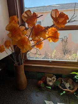 Orange Paper Flower Arrangement with Wood Vase