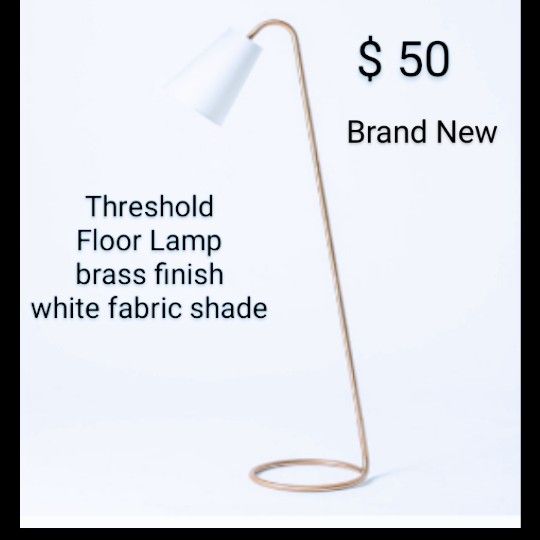 Brand New Threshold Floor Lamp brass Finish White Fabric Shade