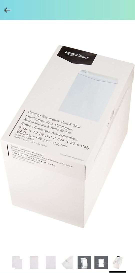 Sobres de correo para catálogo de Amazon Basics, Peel & Seal, 9 x 12 pulgadas, Blanco. Paquete De 250 Sobres