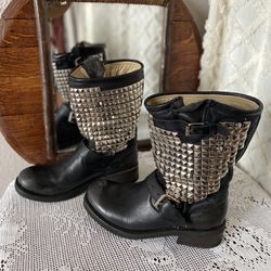 AHS Black Leather Studded Motorcycle Boots