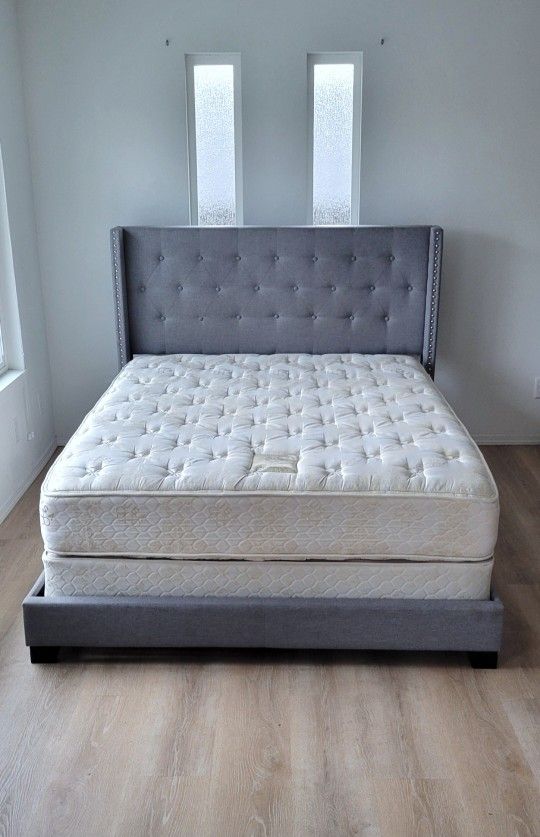 Queen Ashley Upholstered Bed Frame, Sealy Posturepedic Mattress and Boxspring