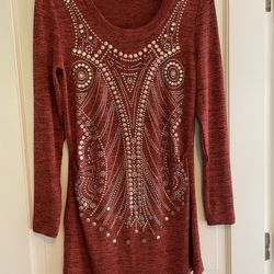 Melania Marquis Studded Tonic Long Sleeve Blouse Rust Coral & Tint Of Black Jersey Size Large