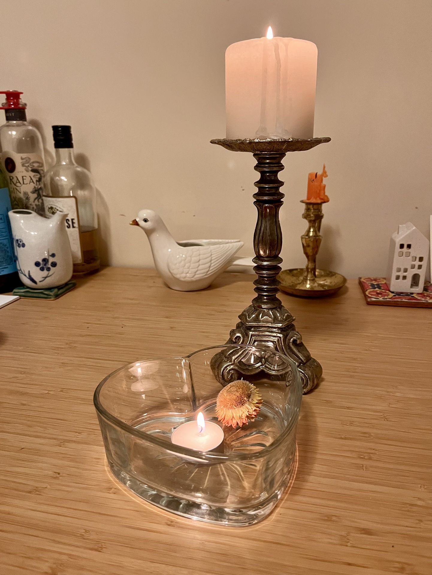 Romantic Pillar Candle and Glass Heart Dish