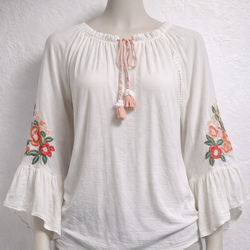 Vintage America Boho White Blouse Embroidered Floral Sleeves Airy M