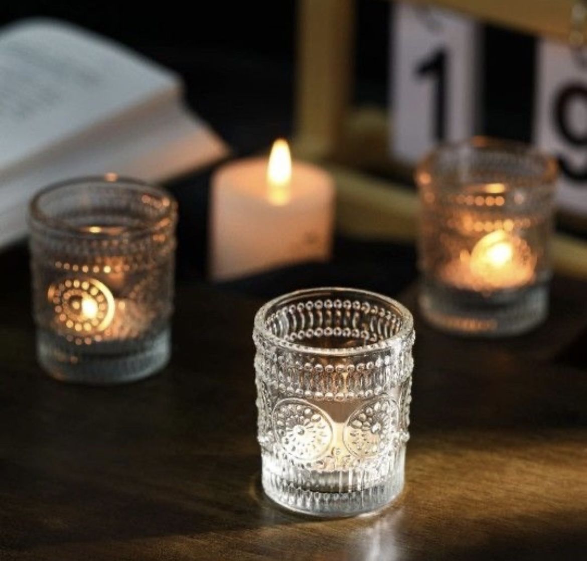 12 Pack Glass Votive Candle Holders in Clear Primrose Design, Votive Tealight Holders
