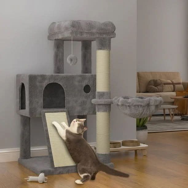 36 in Grey Cat Tower with Scratching Posts, Soft Plush Cat Climbing Tower for Kittens, Gray